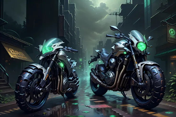  NerazimAI  only one sport motorbike in cyberpunk street city at night neons rain fog , intricate, detailed