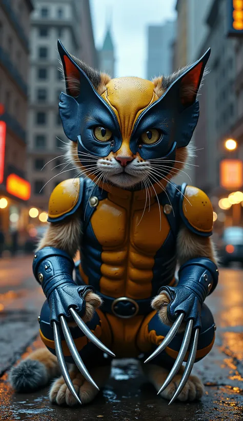 "A fierce and adorable cat wearing a full Wolverine suit with the iconic yellow and blue design, including sharp metallic claws extended from its paws, and a detailed Wolverine mask covering its face. The background is a realistic, high-definition cityscap...