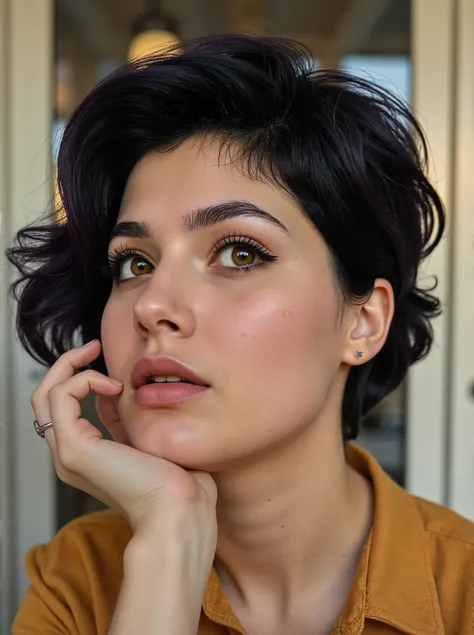 Portrait of a young woman with dark hair, Art Nouveau style, whimsical, bright colors, detailed eyes, graceful anatomically correct hands, digital art in the style of silver Age painting, smooth gradients, stylized background, sepia, aged image.