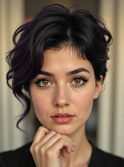 Portrait of a young woman with dark hair, Art Nouveau style, whimsical, bright colors, detailed eyes, graceful anatomically correct hands, digital art in the style of silver Age painting, smooth gradients, stylized background, sepia, aged image.