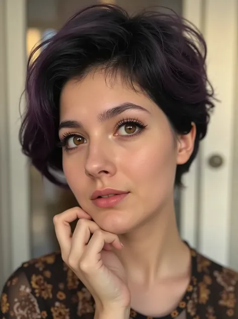 Portrait of a young woman with dark hair, Art Nouveau style, whimsical, bright colors, detailed eyes, graceful anatomically correct hands, digital art in the style of silver Age painting, smooth gradients, stylized background, sepia, aged image.