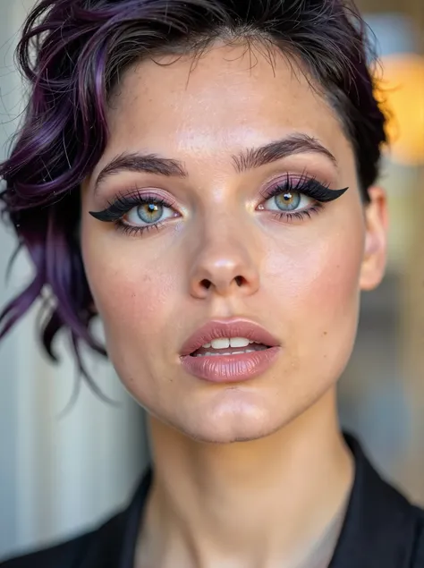 a woman, with a floating eyeliner in a bright color and a neutral, matte lip, the face showing a modern and artistic style