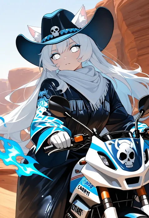 master masterpiece, 4k, highly detailed, 1girl, cat ears, white hair, long hair, white hair, white fur, round face, canyon, desert, safari, ice white eyes, bright neon white eyes, country biker, biker, country leather robe, tribepaint, light blue cowboy sc...