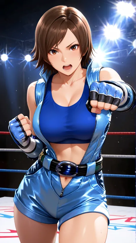 nsfw,masterpiece,best quality,highres,1girl,solo,cowboy shot,kazama asuka,brown hair,short hair,brown eyes,big breasts,blue jumpsuit,sleeveless,blue sports bra, collarbone,navel,stomach,unzipped, belt,fingerless gloves,elbow gloves,purple elbow pads,short ...