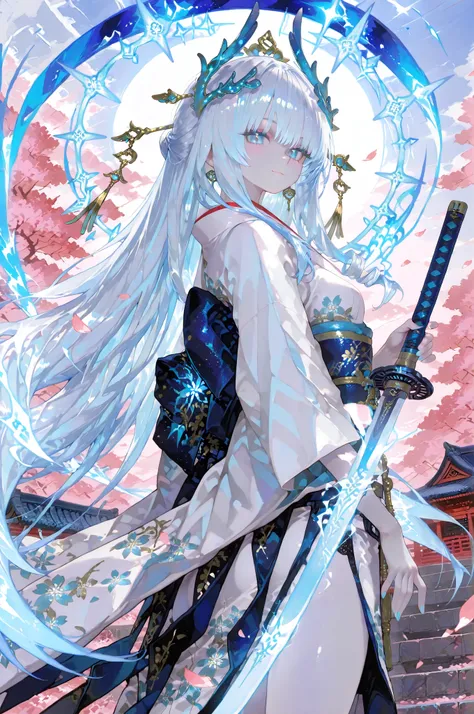 Dream Vision,Outstanding Works,Slightly realistic, Excellent quality, very beautiful, 超high resolution, high resolution,anime style,The film, titled "Samurai Sword", jumps at the viewer from an extreme perspective in flowing white kimono armour with ice bl...