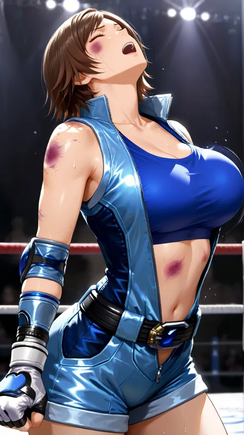 nsfw,masterpiece,best quality,highres,1girl,solo,cowboy shot,kazama asuka,brown hair,short hair,closed eyes,big breasts,blue jumpsuit,sleeveless,blue sports bra, collarbone,navel,stomach,unzipped, belt,fingerless gloves,elbow gloves,purple elbow pads,short...