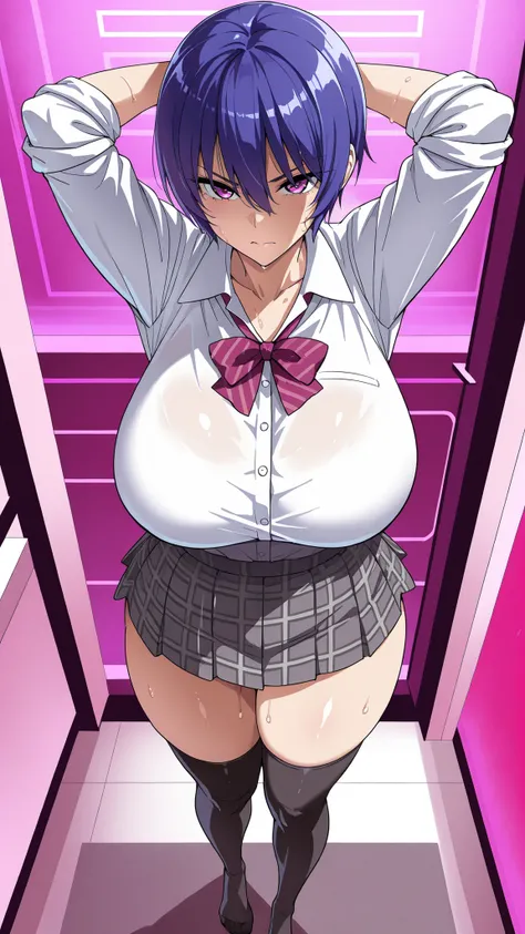 1 person,pink hotel,Akiyama Rinko(short hair),Boyish Girl,serious face,high school girl uniform,grey pattern skirt,black thigh high socks,long sleeve white shirt with arms rolled up,Standing,slightly thick thighs,sweat,ribbon,valley,arms behind head,feet,f...