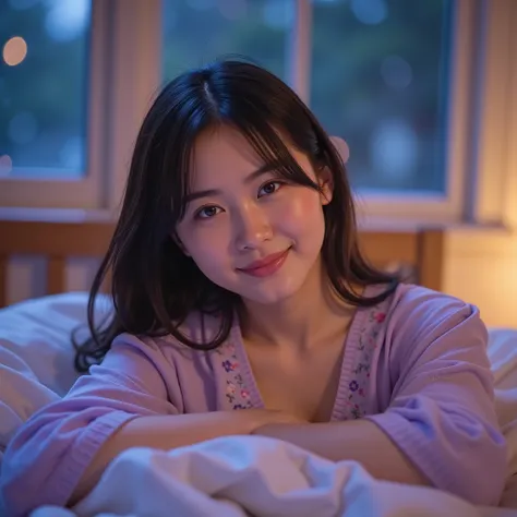 cozy , Rainy Night、dreamy scene of a young woman lying quietly in bed near a large window .  She is kind , Wearing、Long hair . big breasts , Light purple nightgown in light pink v-neck pajamas with floral print、rest her head with her arms as pillows . Outs...