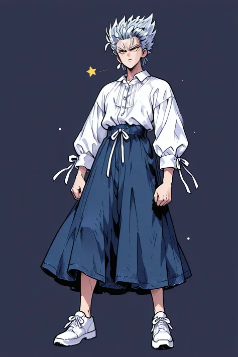 One Punch Man [Garou] illustration,Silver Hair,Silver eyebrows,yellow eyes,full body,Original Style, guy,adult, clean background  *Karin wears a white pearl button ribbon blouse and a dark blue denim flared back banding skirt, medium length*