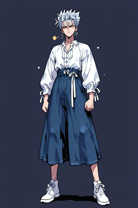 One Punch Man [Garou] illustration,Silver Hair,Silver eyebrows,yellow eyes,full body,Original Style, guy,adult, clean background  *Karin wears a white pearl button ribbon blouse and a dark blue denim flared back banding skirt, medium length*