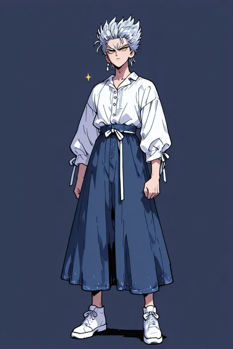 One Punch Man [Garou] illustration,Silver Hair,Silver eyebrows,yellow eyes,full body,Original Style, guy,adult, clean background  *Karin wears a white pearl button ribbon blouse and a dark blue denim flared back banding skirt, medium length*