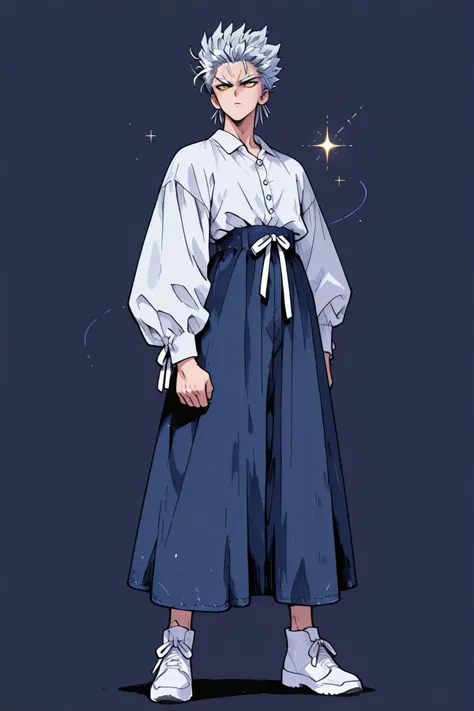 One Punch Man [Garou] illustration,Silver Hair,Silver eyebrows,yellow eyes,full body,Original Style, guy,adult, clean background  *White pearl button ribbon blouse with dark blue denim flare back banding skirt medium length*
