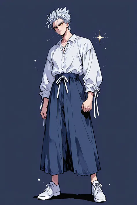 One Punch Man [Garou] illustration,Silver Hair,Silver eyebrows,yellow eyes,full body,Original Style, guy,adult, clean background  *White pearl button ribbon blouse with dark blue denim flare back banding skirt medium length*