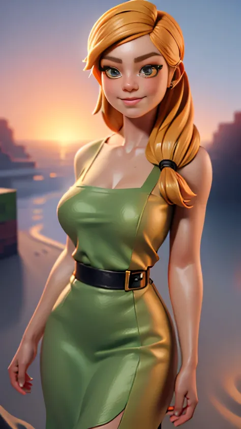 RAW digital art, ultra-realistic 3D render of a stunning woman resembling Alex from Minecraft, ((highly detailed face:1.3)), flawless skin texture, expressive eyes with subtle reflections, soft shadows and cinematic studio lighting, Pixar-inspired style bl...