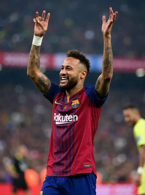 Portrait closeup photo of n3ym4rjr man, celebrating the barcelona soccer team champions league, with the team, in a crowded stadium.