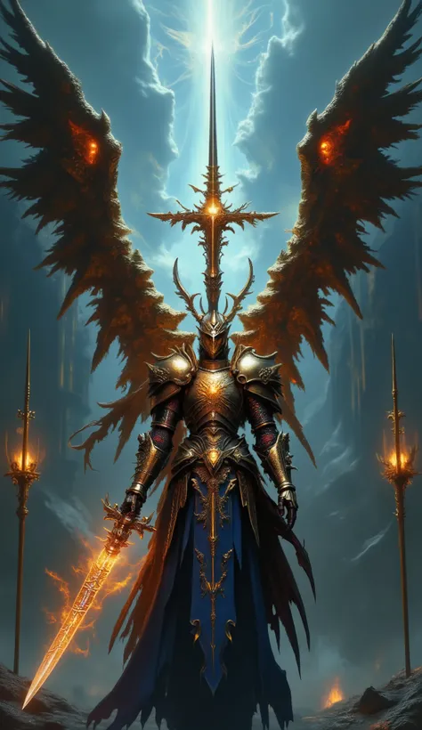 ((Battle scene between a female elf knight and a demon with a dark red demon sword)), (young female elf knight wearing beautiful blue and gold armor, Big breasts, A demon holding a sword of dark red magic shrouded in red flames, A young knight wearing beau...