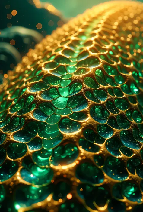 Imagine a close-up, abstract composition dominated by overlapping, scale-like forms in shades of emerald green, teal, and translucent amber. These forms, resembling stylized dragon scales or fractured glass, are arranged in a dense, irregular pattern, fill...
