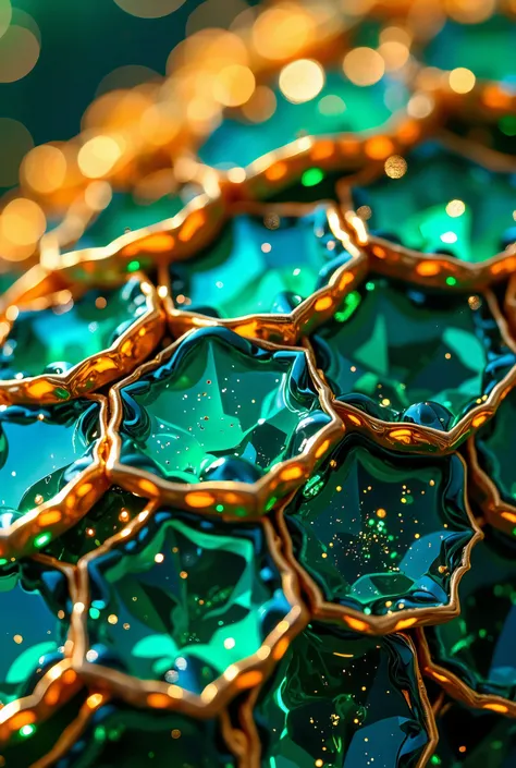 Imagine a close-up, abstract composition dominated by overlapping, scale-like forms in shades of emerald green, teal, and translucent amber. These forms, resembling stylized dragon scales or fractured glass, are arranged in a dense, irregular pattern, fill...