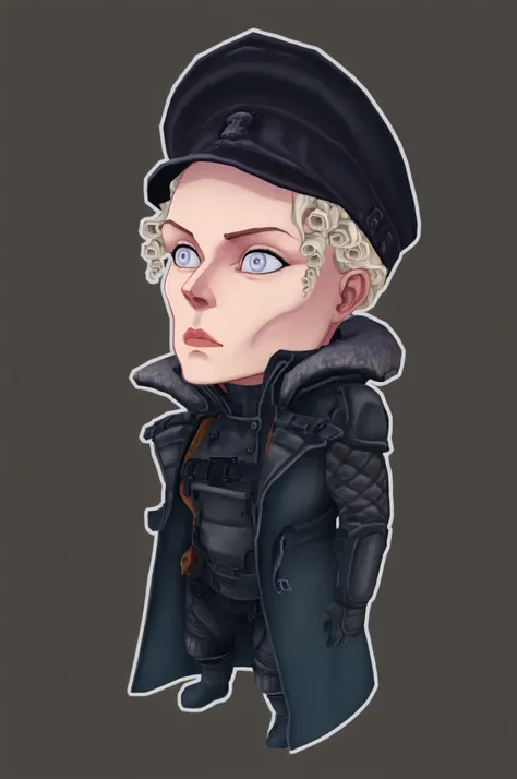sticker, colorful, outline, chibi,
masterpiece, best quality, very aesthetic, absurdres,
solo, 1girl, (solo),(testgirl), bare forehead, ((blond hair stuffed into hat)),light blue eyes, beautiful eyes, looking in viver, black raincoat, short gray fur collar...