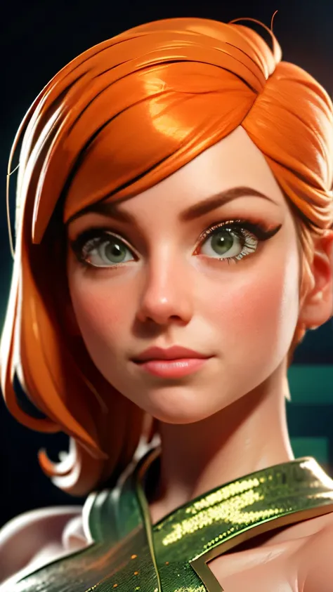 RAW digital art, ultra-realistic 3D render of a stunning woman resembling Alex from Minecraft, ((highly detailed face:1.3)), orange red hair, flawless skin texture, expressive eyes with subtle reflections, soft shadows and cinematic studio lighting, Pixar-...