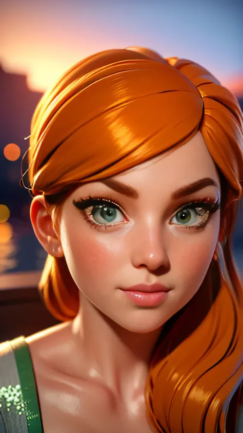 RAW digital art, ultra-realistic 3D render of a stunning woman resembling Alex from Minecraft, ((highly detailed face:1.3)), orange red hair, flawless skin texture, expressive eyes with subtle reflections, soft shadows and cinematic studio lighting, Pixar-...