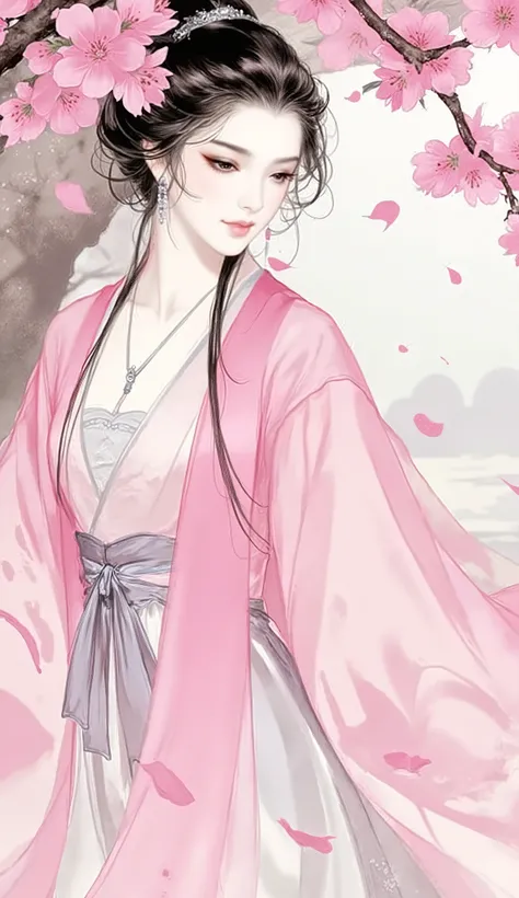 masterpiece, best quality, ultra-detailed, 8k wallpaper, cinematic lighting, absurdres, An exquisite and mature character illustration of a breathtakingly beautiful young Chinese woman with an ethereal and graceful aura. She has perfect facial features, a ...