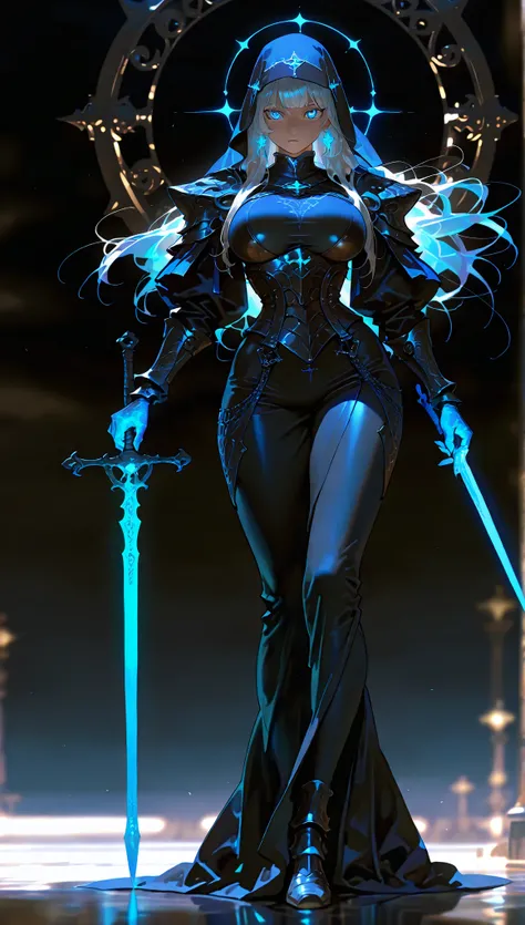 Meisterwerk, high quality, 4k hd, very aesthetic, 1 girl, langes Haar, jetzt, big boobs, dunkler Hintergrund, fotorealistisch, freie Pose,  bright blue eyes , Ponyfrisur, (schmale Taille), wide hips, 1 Schwert haltend,  armor , whole body