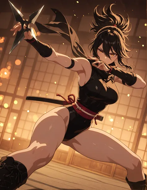 masterpiece, best quality, high resolution, absurdres, 1girl, 24-29 years old, 165cm tall, beautiful, detailed face, standard breasts, ideal anatomy,
BREAK
kunoichi, black leotard, bare legs, black boots,
dynamic fighting stance, throwing shuriken,
depth o...