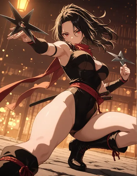 masterpiece, best quality, high resolution, absurdres, 1girl, 24-29 years old, 165cm tall, beautiful, detailed face, standard breasts, ideal anatomy,
BREAK
kunoichi, black leotard, bare legs, black boots,
dynamic fighting stance, throwing shuriken,
depth o...