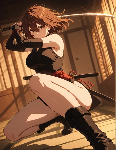 masterpiece, best quality, high resolution, absurdres, 1girl, 24-29 years old, 165cm tall, beautiful, detailed face, standard breasts, ideal anatomy,
BREAK
brown hair, hazel eyes,
kunoichi, black leotard, bare legs, black boots,
dynamic fighting stance, us...