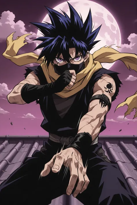 Masterpiece, Highest Quality, yugi_tsukasa, short hair, undercut, spiked hair, 1boy, solo, badass, (dark grey ninja clothes:1.2), yellow scarf, ripped arm sleeves, speed lines, action pose, purple background horizont, big white moon, (white moon:1.1) fight...
