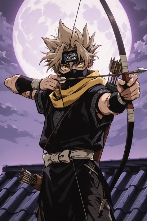Masterpiece, Highest Quality, yugi_tsukasa, 1boy, solo, badass, (dark grey ninja clothes:1.2), yellow scarf, ripped arm sleeves, speed lines, action pose, purple background horizont, big white moon, (white moon:1.1), standing on a rooftop, ninja pose, clou...