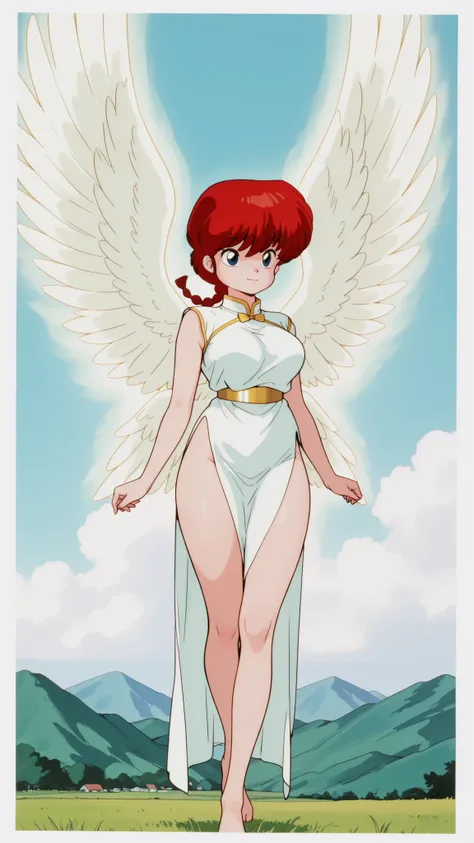  Ranma saotome  , cabello rojo, braided hair, blue eyes, Big breasts, NSFW, soft breasts, sexy waist,  sexy hips, white dress, pelvic window, bare thighs, gold belt, golden ribbon , woman with white angel wings, Beautiful angel, gesture of kindness, floati...