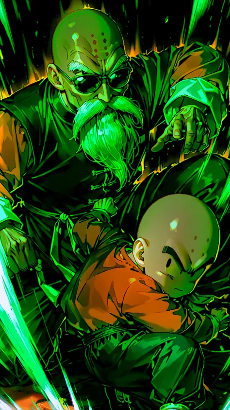 2man,(1man is mutenroshi, old man, bald, sunglasses, beard, mustache, chinese clothes, shirt, orange shirt, long sleeves,no forehead mark),break ,(the other is kuririn,1boy, bald, black eyes, no nose, no sclera, forehead mark),break,battle,dynamic motion,b...