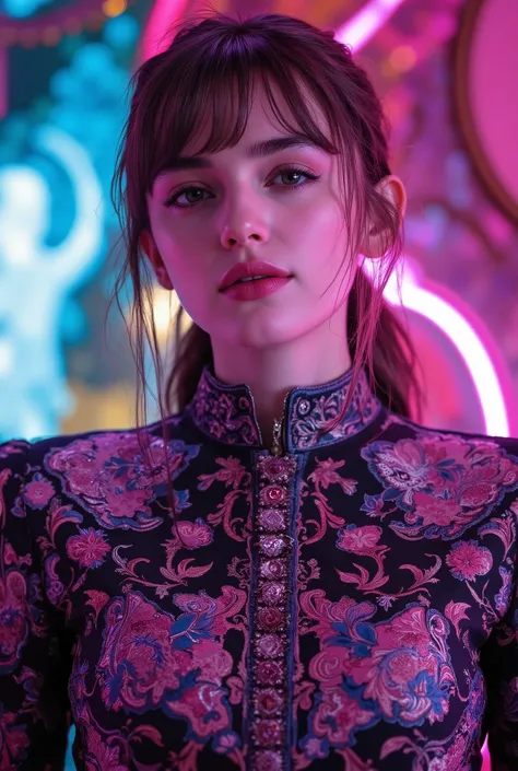 beautiful English woman Emma Watson's professional photo pub, Velvia, Taken at 65mm, 16 megapixel, 8k, photorealistic, Amazing depth, bangs, hime cut, shining rich colors , emphasize the strength of the pattern, psychedelic hues, 3D final rendering, Surrea...