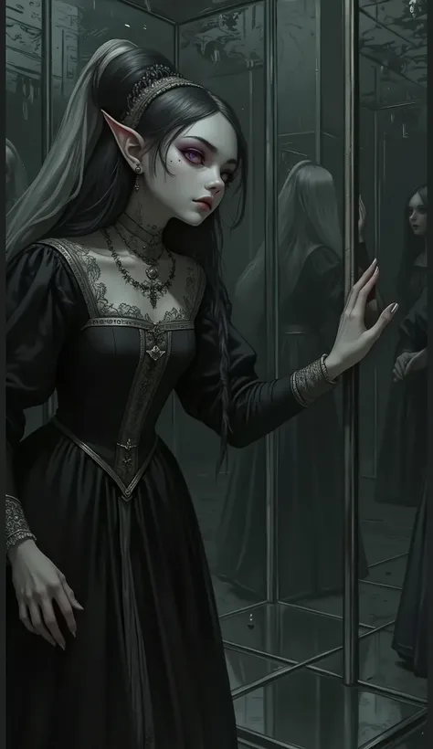 (A fusion of Ukiyo-e and dark fantasy. Aesthetic and gothic digital art. Draw a detailed face. Look away.) BREAK
(Transparent white hair. Blunt bangs. White eyebrows. Long white eyelashes. Almond-shaped eyes. Lavender-colored eyes. Thick, dark eyeliner. S...