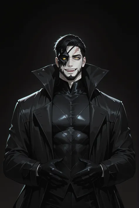 solo, 1boy, dnd, mature male, pale skin, black hair, short haircut with shaved temples, yellow eyes, muscular body, crazy, a scar on his face, black half mask, scar on face, cut beard, crazy wide smile, detailed face, long open black coat with a high colla...