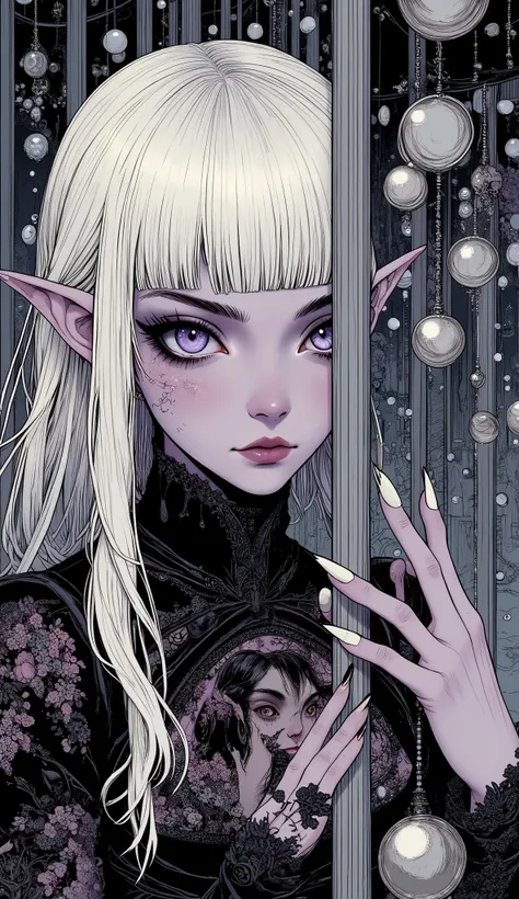 (A fusion of Ukiyo-e and dark fantasy. Aesthetic and gothic digital art. Draw a detailed face. Look away.) BREAK
(Transparent white hair. Blunt bangs. White eyebrows. Long white eyelashes. Almond-shaped eyes. Lavender-colored eyes. Thick, dark eyeliner. S...