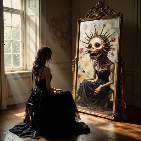 In a warmly lit room with elegantly paneled walls and a large window allowing soft, natural light to enter, a young woman sits with her back to the viewer, gazing intently into a large, ornate mirror. Her attire is a flowing, black gown that cascades styli...