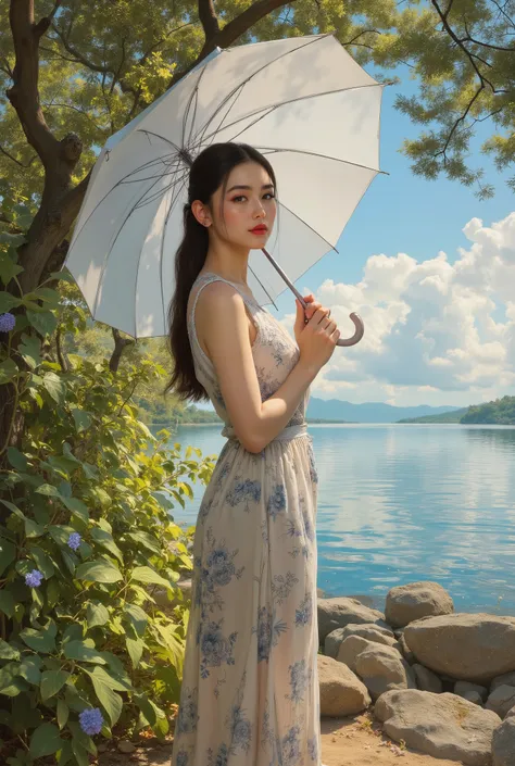 (best quality, 4k, highres, masterpiece:1.2) , ultra-detailed, (realistic, photorealistic:1.37), A photorealistic portrait of an elegant young woman standing, She is having a Sun Umbrella for Women, Claude Monet Scenery Excellent Quality、4K resolution、supe...