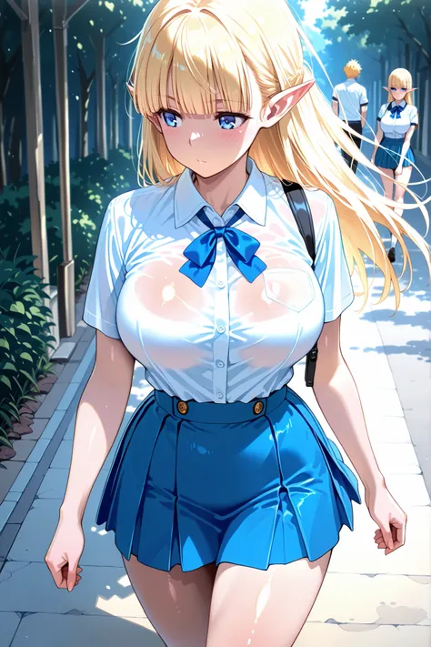 seras ashrain, long hair, blue eyes, blonde hair, large breasts, blunt bangs, pointy ears, elf,micromini skirt,shiny skin, glistening skin,oiledILL, oiled, oily,　summer morning,1girl,school uniform,short sleeves,mini skirt,walking,windy,
