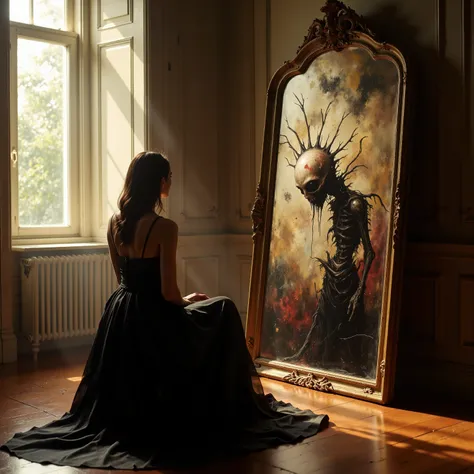 In a warmly lit room with elegantly paneled walls and a large window allowing soft, natural light to enter, a young woman sits with her back to the viewer, gazing intently into a large, ornate mirror. Her attire is a flowing, black gown that cascades styli...