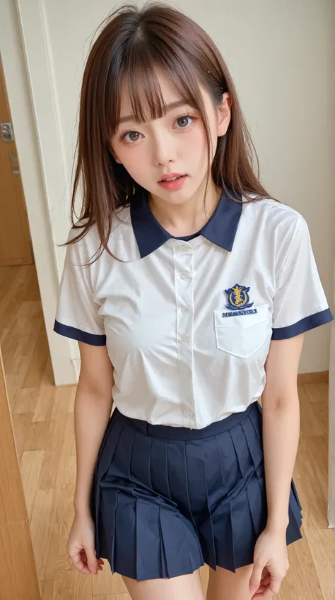 small 、((Japanese Women)) , (( white Y shirt))、(curved body)、 expect the sensual expression of、((surprised face to see))、please open your mouth lightly 、and I'm staring 、on the bed、 inspecting 、(pleated skirt on the indoor floor) 、('s face in Sheila's e...