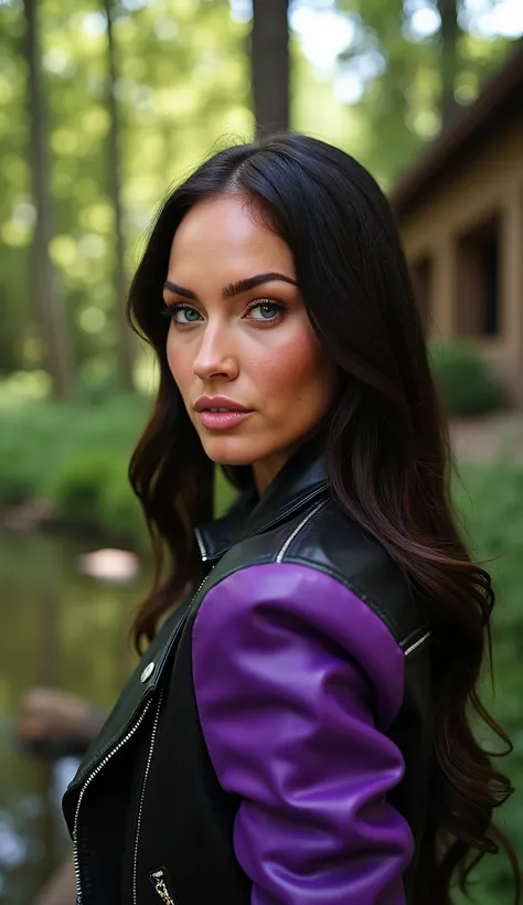Ultra-realistic 8K cinematic close-up from chest up featuring Megan Fox standing in a lush forest with a serene lake and rustic stone house behind her. She wears a stylish, luxurious purple-and-black leather jacket with subtle metallic accents and hyper-de...