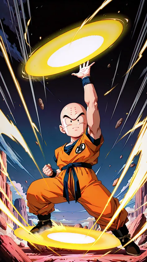 1boy,kuririn,1boy ,(arm up), legs apart,(a yellow energy disc:1.2),no sclera, black eyes,looking at viewer,smark , full body, open hand,clenched hand, bald, black eyes, no nose, no sclera, forehead mark),battle ,1980’s anime style,dynamic motion,battle sea...