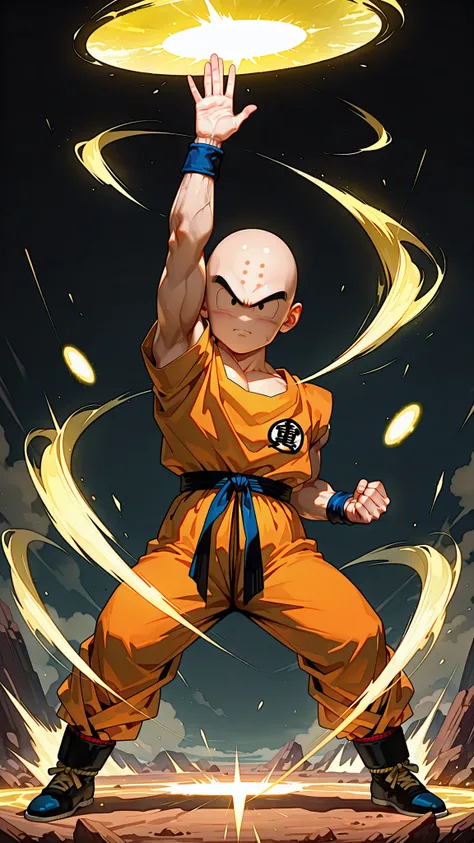 1boy,kuririn,1boy,kienzan stance,(arm up), legs apart,(yellow energy disc:1.2),no sclera, black eyes,looking at viewer,smark , full body,energy disc, open hand,clenched hand, bald, black eyes, no nose, no sclera, forehead mark),battle,dynamic motion,battle...