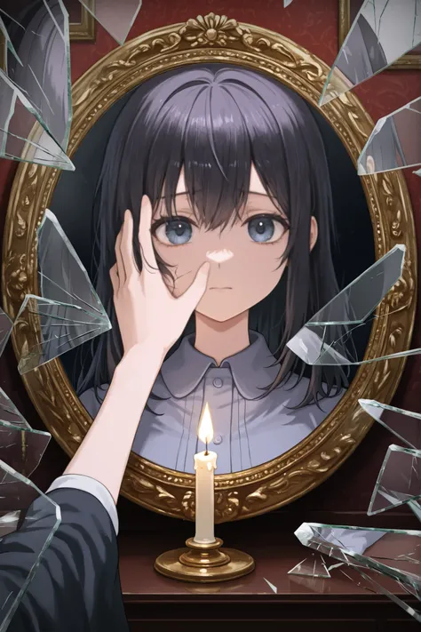 glass shards, reflection, broken glass,Beautiful girl, sad face, completely cracked mirror, fragmented reflection of the woman's face.
A broken antique mirror with large and small fragments scattered throughout the frame,
each shard reflecting a sad face, ...