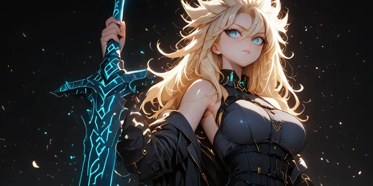 A masterpiece, of the highest quality, ultra-detailed, alone, a girl 1.70 m tall, light blonde hair with shades of gray, slightly messy hair, long bangs, blue eyes, a sadistic and confident expression, fair skin and youthful curves, a sensual posture, hold...