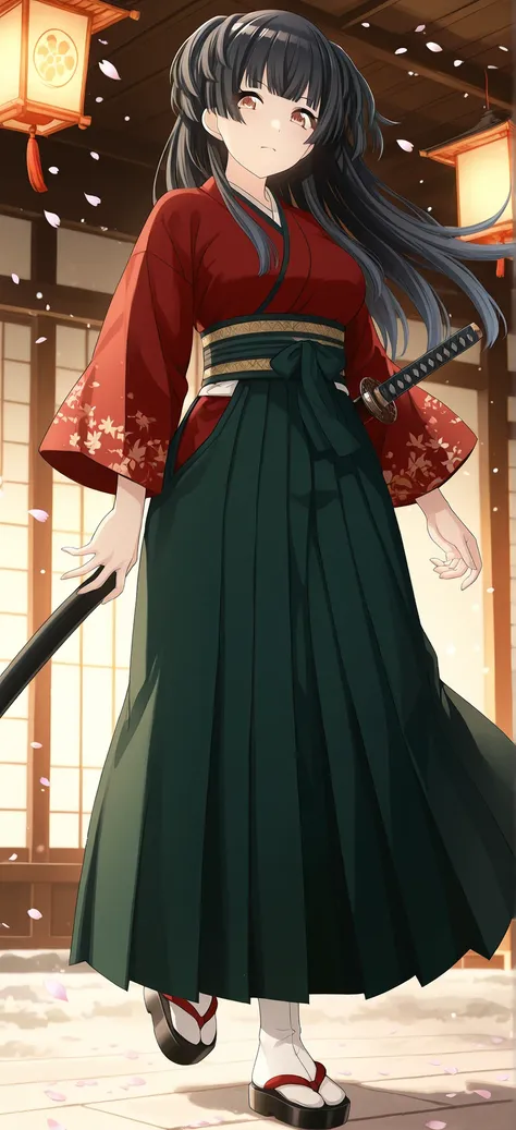 adult (18+), solo, 1girl, only one subject, highly detailed anime-style illustration,
Fuyuko Mayuzumi (Shiny Colors),
official black two side up with straight bangs (accurate hairstyle), matching official eye color,
Meiji-era swordswoman vibe, rich crimson...