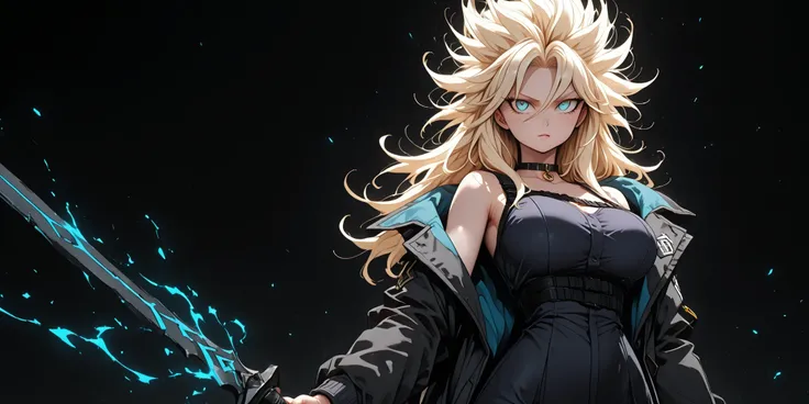 A masterpiece, of the highest quality, ultra-detailed, alone, a girl 1.70 m tall, light blonde hair with shades of gray, slightly messy hair, long bangs, blue eyes, a sadistic and confident expression, fair skin and youthful curves, a sensual posture, hold...